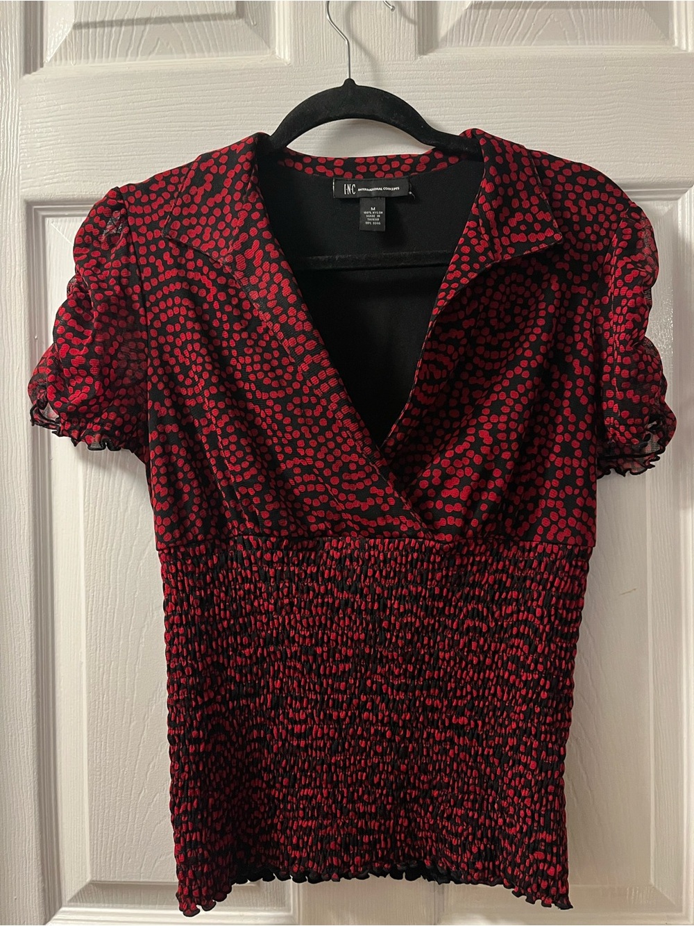 INC International Concepts Black Short-Sleeve V-Neck Top with Red Dot Print